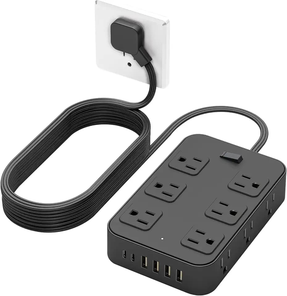 Flat Plug Power Strip Surge Protector with 12 AC Outlets 6 USB Ports 3 Side Multi Plug Outlet Extender 10 Ft Extension Cord for Home Office Kitchen Dorm Wall Desk Charging Station ETL Listed