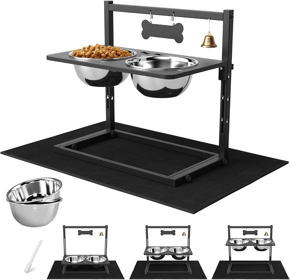 Erhöhte Hundenäpfe mit langsamer Fütterung und auslaufsicherer Matte, verstellbare Höhe 10,9 - 30 cm, zwei 1,7 l Edelstahl-Futter- und Wassernäpfe, erhöhter Metallnapfständer, für große und
