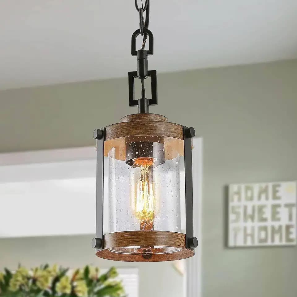 LALUZ Pendant Lights Kitchen Island, 6'' Seeded Glass Kitchen Pendant Lighting Over Island Sink, Pine Texture and Black Mini Farmhouse Rustic Hanging Light Fixtures