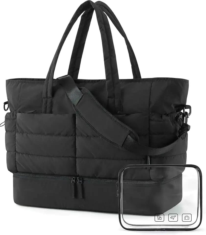 BAGSMART Large Travel Duffel Bag with Shoe Compartment, Puffer Carry-On Gym Weekender Bag for Women, Charcoal