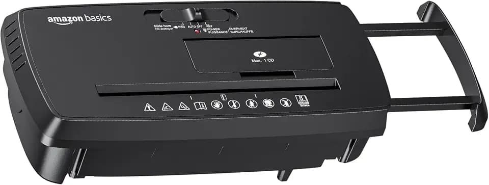 Amazon Basics 8-Sheet Strip Cut Portable Paper, CD, and Credit Card Shredder with Auto-Off, Overheat Protection, Compact Design, No Basket, Extendable Arm, Black