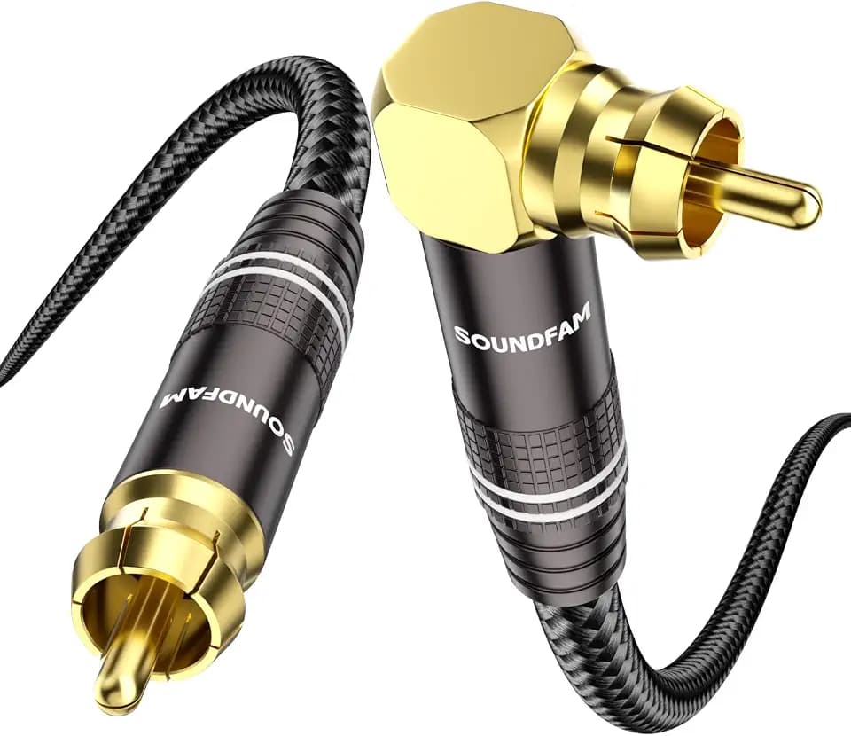 90° Right Angle Subwoofer Cable 6FT – RCA to RCA, 75Ω OFC Coaxial, Dual Shielded for Home Theater, Hi-Fi Audio Systems – Gold Plated
