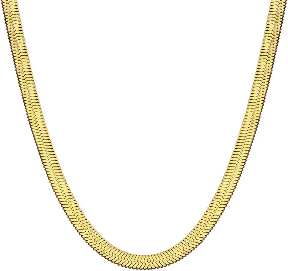 Gold Herringbone Necklace For Women - Rope Chork,Flat Snake Chain Necklaces in 18K Gold & White Gold Plated Tone - Simple Daily Jewelry-Tarnish Free-16-18in