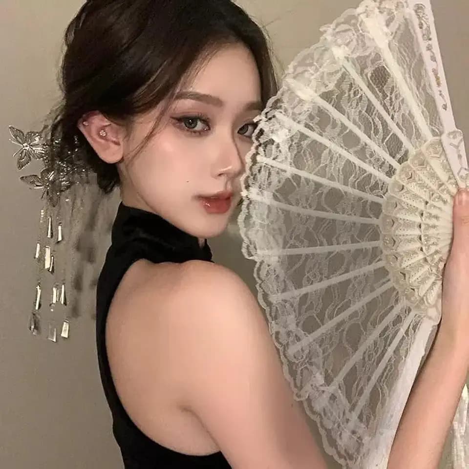 Lace Handheld Folding Fan Pole Dancing Folding Fan for Women Wedding Decoration Dancing Party Dance Tool Decoration, White
