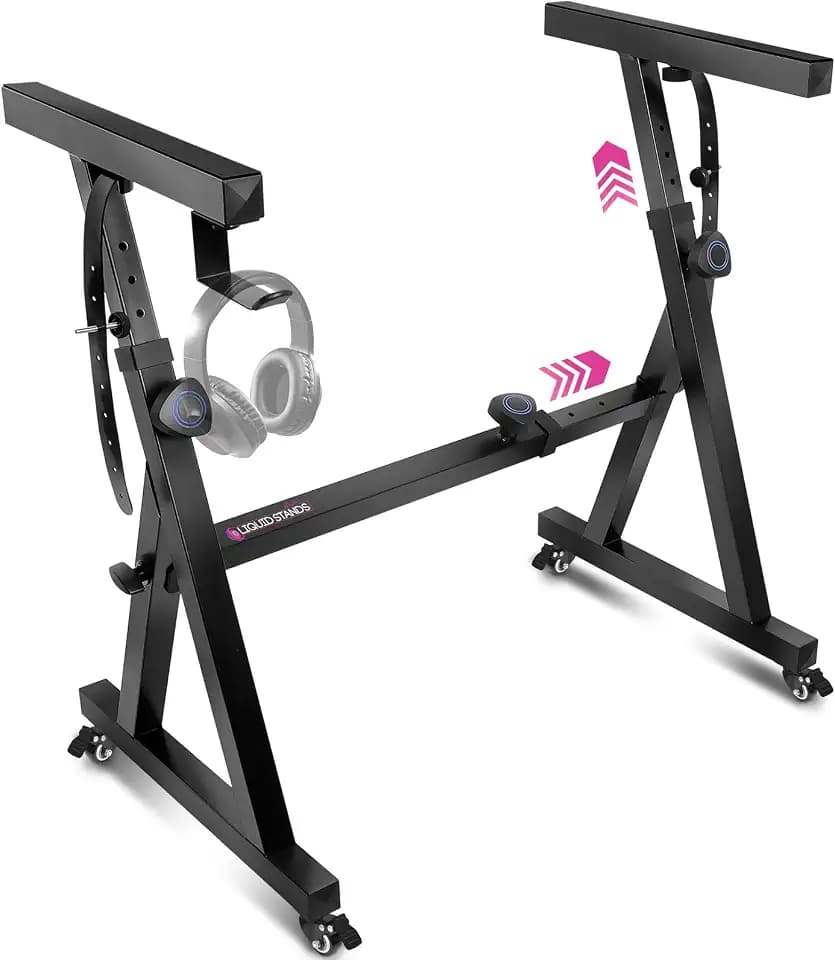 Liquid Stands Keyboard Stand w/ Wheels - Black Z Style Adjustable & Portable Professional Heavy Duty Digital Piano Stand - Fits 54-88 Key Electric Pianos - Sturdy Rolling Musical Keyboard Stand