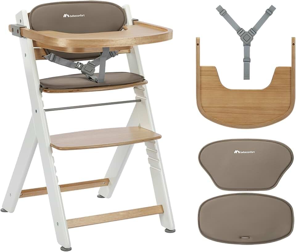 Bebeconfort Timba 2 mit Kissen, Mitwachsender Hochstuhl Baby, Ab 6 Monaten, Bis 110 kg, Ergonomischer Baby & Kinderhochstuhl Holz, Fast alle Esstische, Abnehmbares Tablett, Natural Wood + Beige
