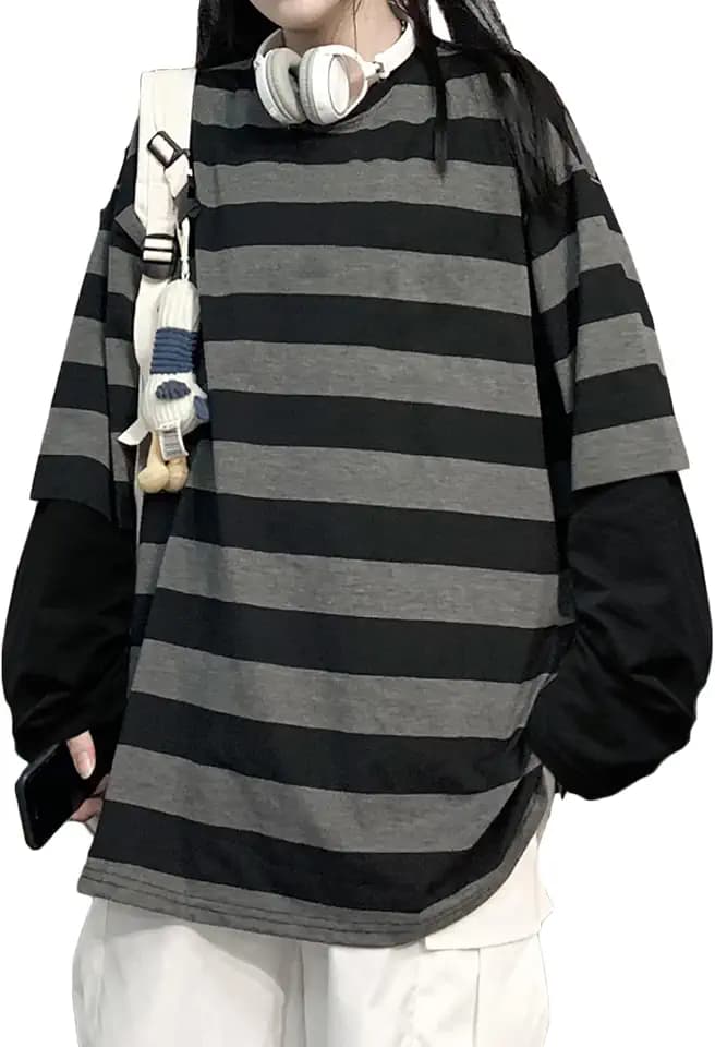 Harajuku Oversized Striped T-Shirt Long Sleeve Crew Neck Casual Matching Couple Streetwear Pullover