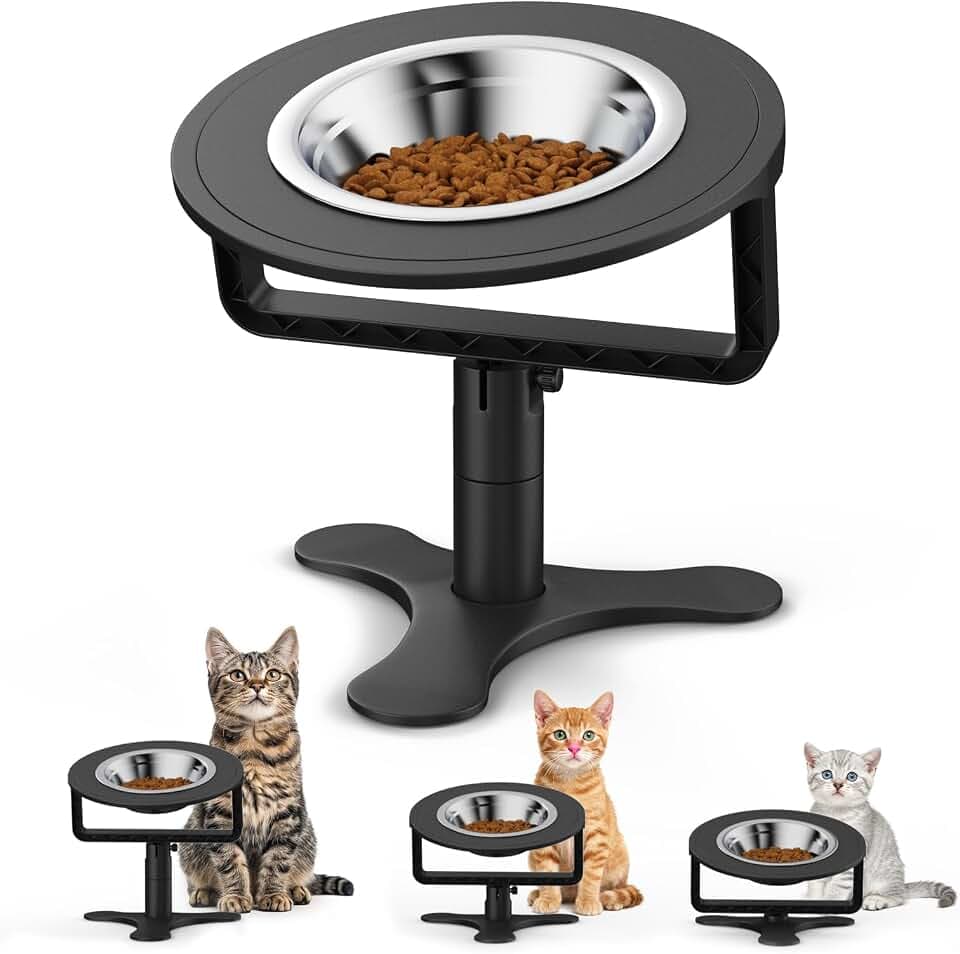 Katzennapf Erhöht 15° Gekippte Futterstation mit Edelstahl Futternapf Katze,Katzennapf mit 3 Höhen,Einstellbar auf 6,1 cm,10,2 cm und 15,2 cm Rutschfeste Silikonbasis für Katzen und Kleine Hunde