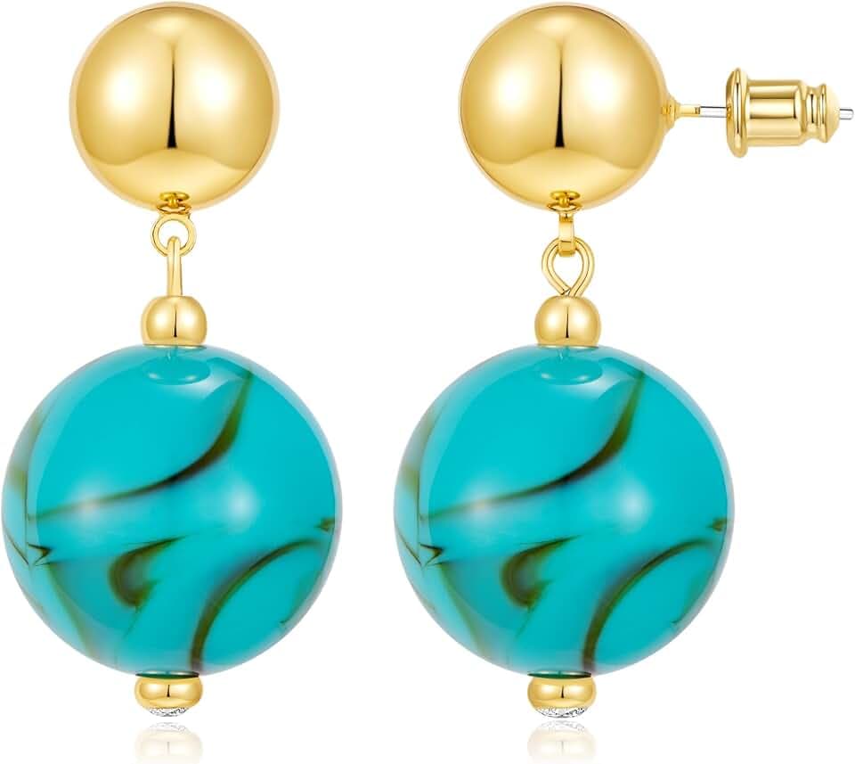 14K Gold Plated Chunky Beaded Earrings for Women Trendy Dangle Statement Stud Earring Dainty Summer Beach Womens Earings Big Boho Charm Jewelry Vacation Gift
