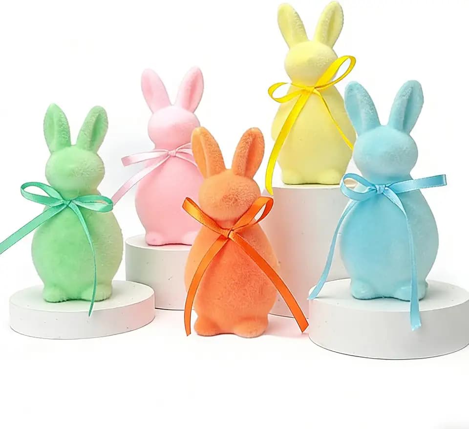 WWT 5er-Set Hasen-Ornamente in Pastellfarben, mit Satinschleifen, Dekorative Osterhasen-Figuren