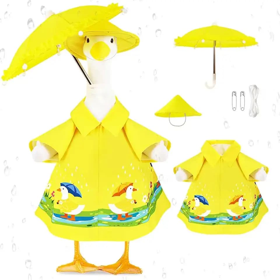 3 Pcs Raincoat Porch Goose Outfits Set, Summer Lawn Goose Statue Raincoat Costume, Yard Goose Clothes Raincoats Umbrella Hat Outfit for 23"-28" Statue Patio Garden Decoration (Yellow)