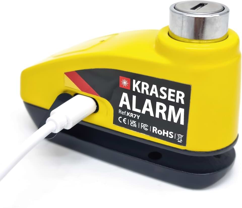 KRASER KR7Y Motorrad Bremsscheibenschloss mit Alarm 110 dB, Wiederaufladbar, USB-Kabel Typ C zum Aufladen des Akkus, Erinnerungskabel, Universal ø7 mm Diebstahlsicherung für Motorrad mit Alarm