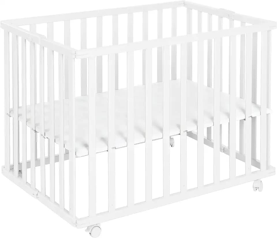 roba Laufgitter klappbar 75 x 100 cm - Platzsparender und faltbarer Baby Laufstall - Mobiles Krabbelgitter inkl. Rollen - 2-fach höhenverstellbar - Holz weiß