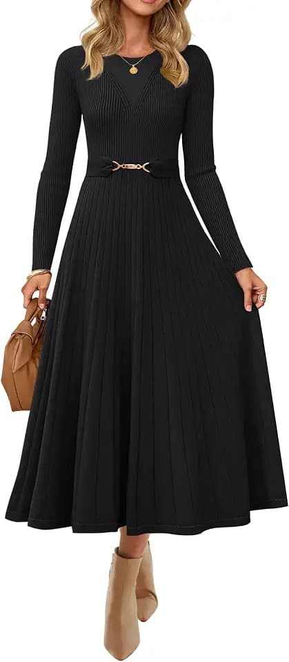 ZESICA Womens Fall Long Sleeve Pleated Midi Sweater Dresses