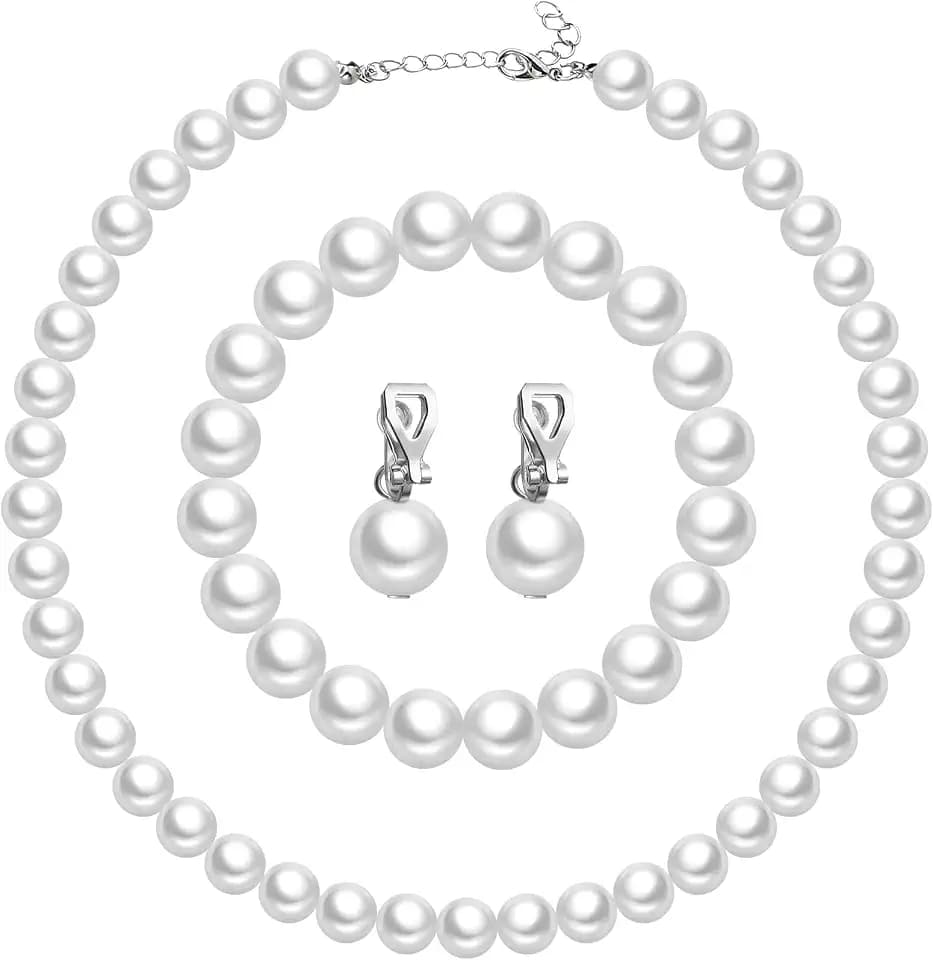 Aurelema 3 Pcs Faux Pearl Clip on Earring Necklace Bracelet