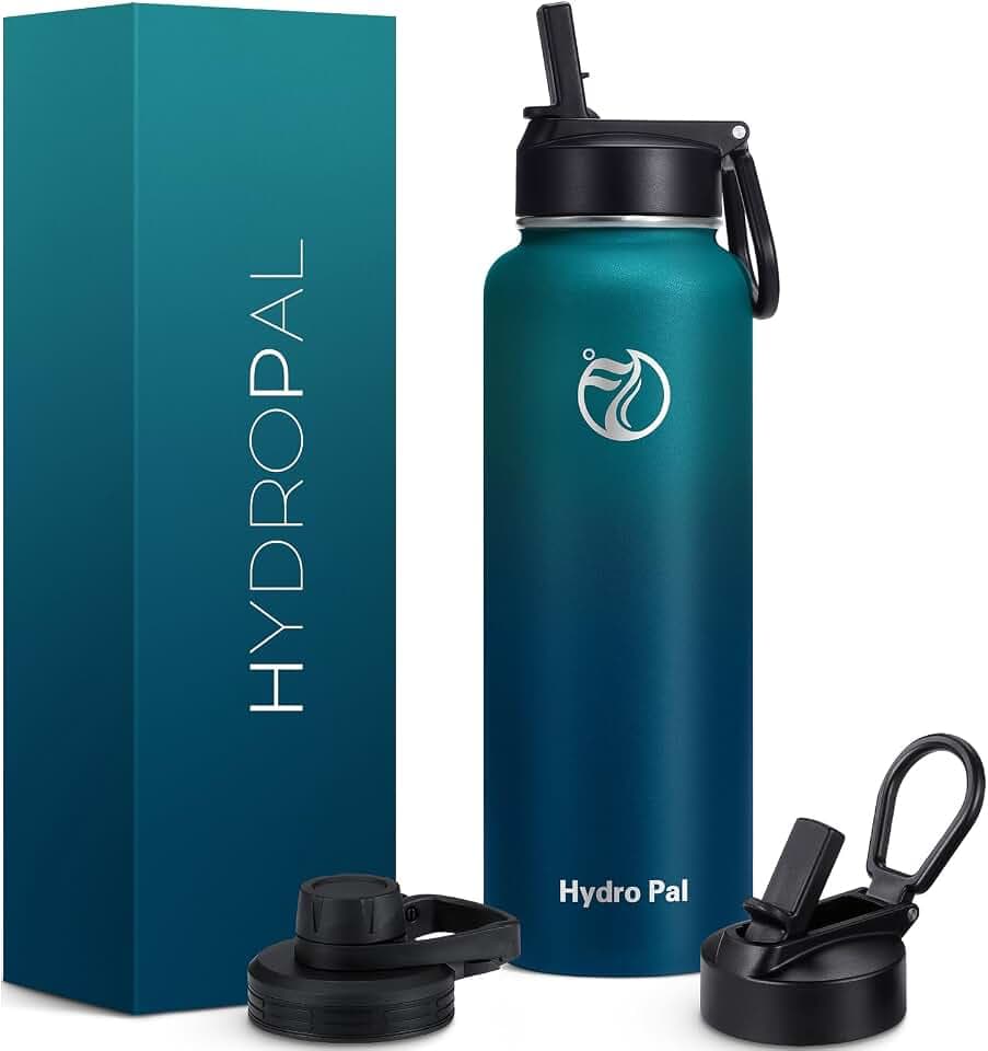 HydroPal 1,2L Edelstahl Isolierflasche,Trinkflasche mit Strohhalm 2 Deckel | BPA-frei, 24h kalt & 12h heiß Vakuumflasche, auslaufsicher Wasserflasche, Stroh- und Ausgussdeckel Sportflasche für Alltag