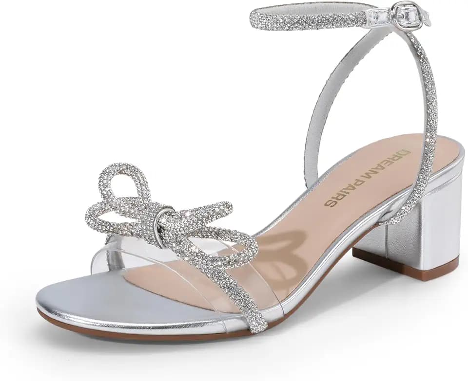 DREAM PAIRS Women's Rhinestone Double Bow Chunky Sandals