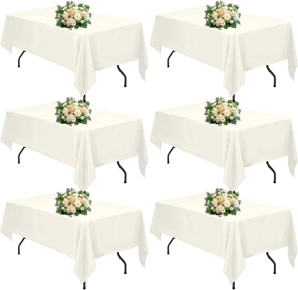 FINDYOU Ivory 6 Pack Polyester Table Cloth 60 x 102 Inch, Rectangle Tablecloths for 6 Foot Tables Washable Table Cloth for Party Wedding