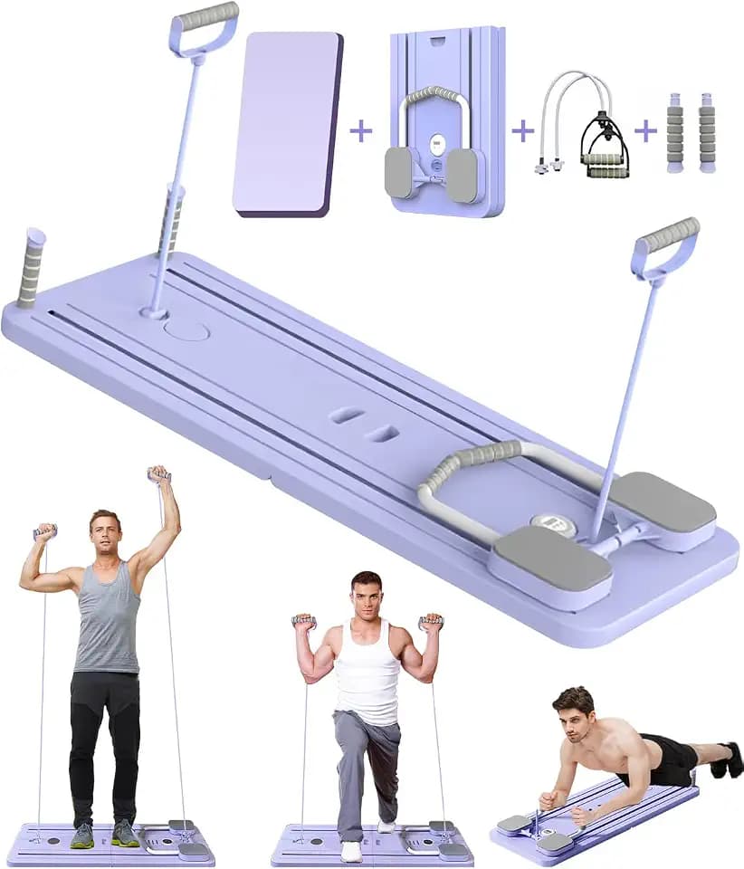 Faltbares Multifunktions-Pilates- und Bauchmuskeltrainingsgerät mit Bauch-Roller,Pilates Board Ellenbogenstütze, automatischem Rückprall und Spannseil für Heim-Fitness-Studio