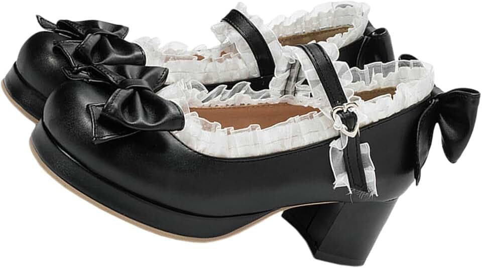 USHOBE 1 Paar Mary Schuhe mit Spitze für Frauen Süße Bownot Lolita Schuhe Knöchelgurt Klobige Absätze Kawaii Plattform Pumps für Frauen Mädchen
