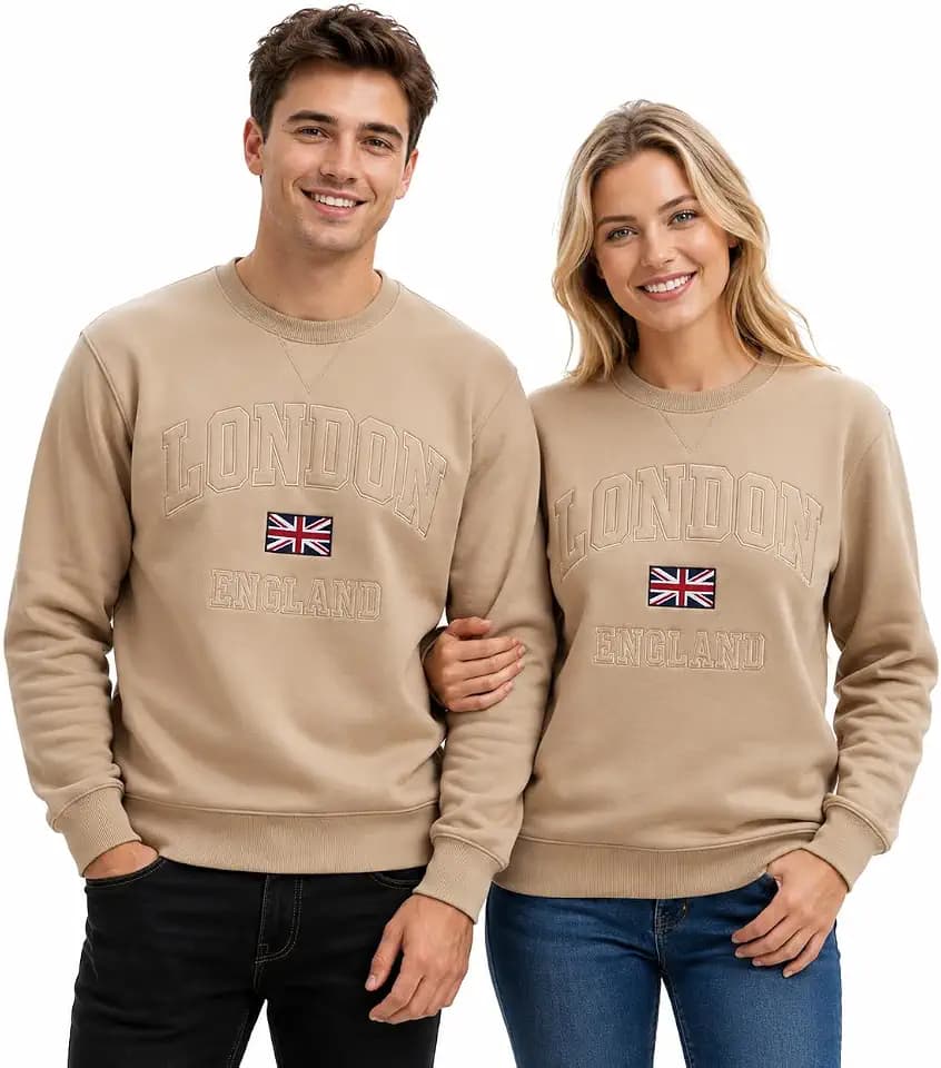 LE201DS Unisex London England Self Col Applikation Stickerei mit Union Jack Farbe Desert Storm Größen XS bis 4XL Sweatshirt Hoodie Kapuze