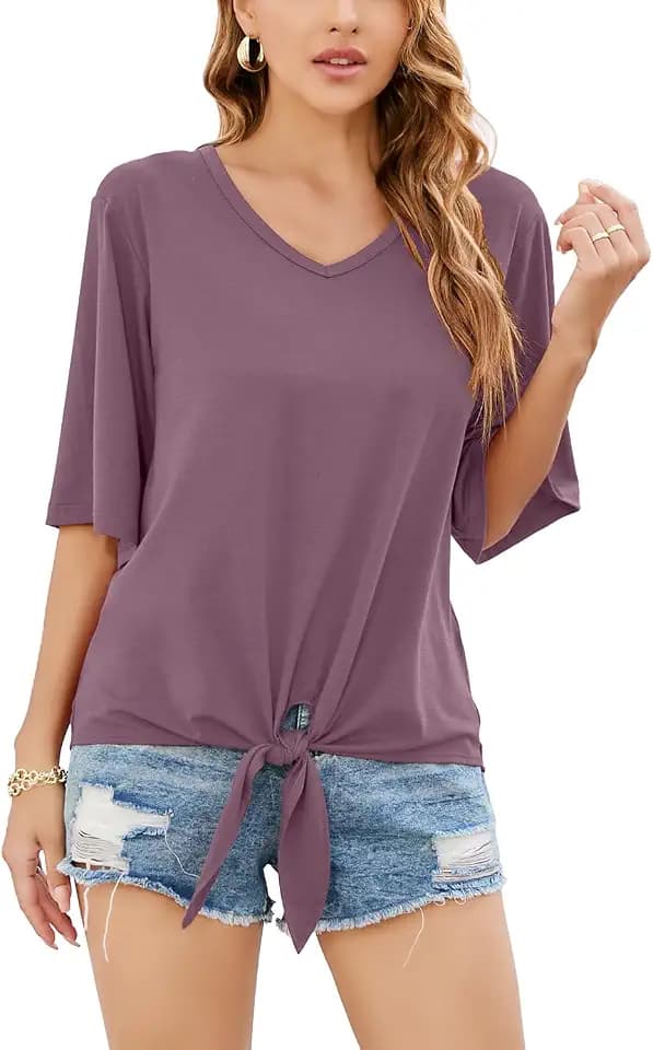 SUEANI Women's Tie Front Tops Summer V Neck 3/4 Bell Sleeve Twist Knot Shirt