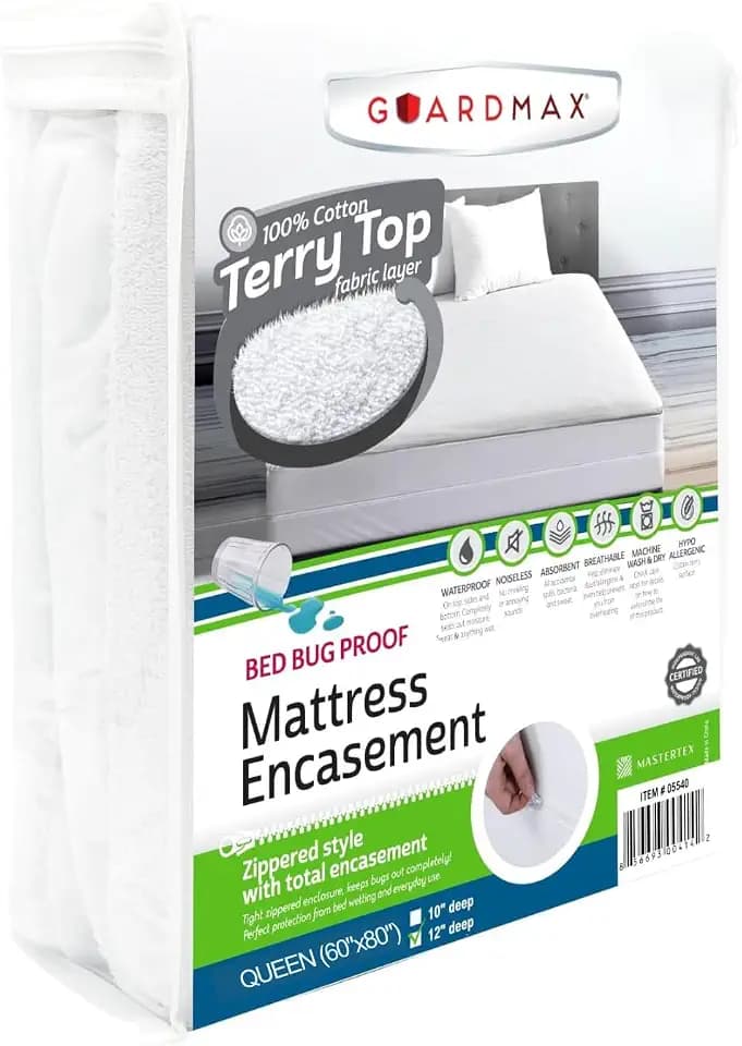 Guardmax Queen Mattress Encasement Zippered, 100% Waterproof Mattress Protector, Soft & Absorbent Cotton Terry Top Mattress Cover for Kids, Adults, & Pets, Bed Bug & Dust Mite Proof Bed Cover (White)