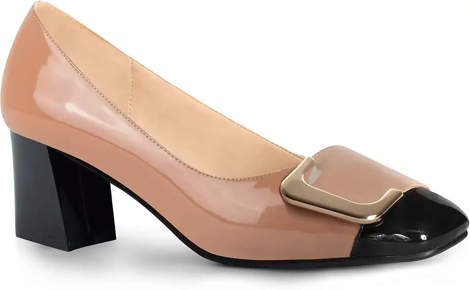 ANN CREEK Women's Pumps Shoes for Women Dressy Low Heel Rush Hour Office Shoes Two Tone Womens Pumps Square Toe 2.4 Inch Chunky Heel Slip On