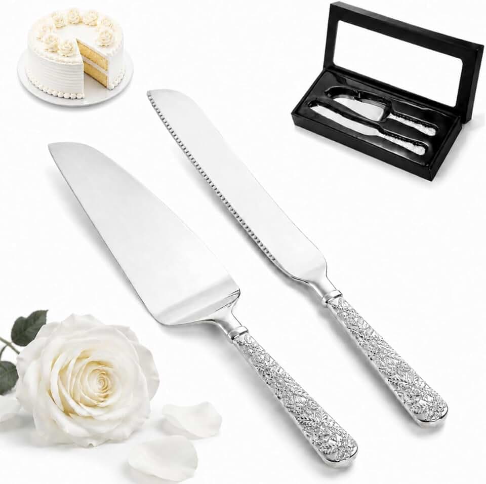 Dicunoy 2 PCS Wedding Cake Knife and Server Set, Silver Cake Cutting Set, Vintage Engraved Cake Cutter and Elegant Serving Spatula for Birthday, Party, Anniversary