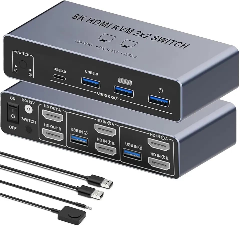 8K HDMI KVM Switch for 2 Monitors 2 Desktop Computers, Dual Monitor HDMI2.1 USB 3.0 KVM Switcher 2 Desk PCs Share Keyboard Mouse Printer Support Extended and Mode