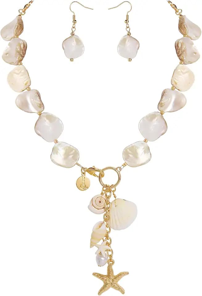 Coiris Natural Seashell Choker Necklaces Earrings Jewelry Set for Women Starfish Shell Freshwater Pearl Collar Necklaces for Women Irregular Mother of Pearl Jewelry Set