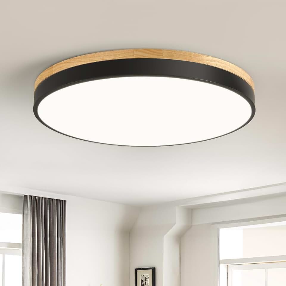 Qamra Deckenlampe, LED Deckenleuchte Holz 50cm, Flach Deckenleuchte Schwarz