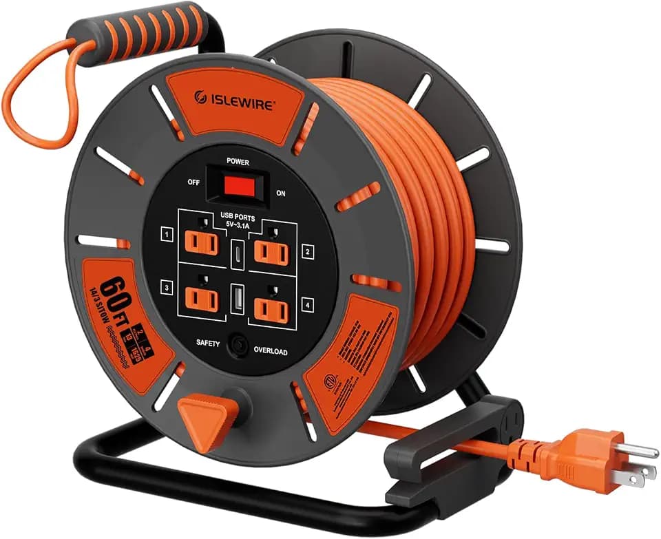 60 FT Retractable Extension Cord Reel, 14AWG SJTOW Heavy Duty Power Cord with 4 Grounded Outlets, USB-A & USB-C Ports, 13A Circuit Breaker, Hand Crank for Indoor Outdoor Use, ETL Listed, Orange
