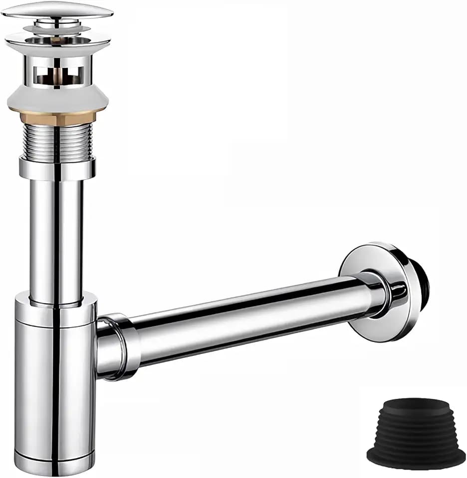 Waschbecken Sifon Siphon Ablaufgarnitur Pop Up Ablaufventil Abfluss Überlauf Siphon Universal für Waschbecken & Waschtisch - Abflussgarnitur passgenau (Ablaufgarnitur mit Silbrig Überlauf)