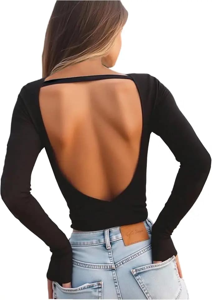 SHENHE Women's Long Sleeve Open Back Sexy Solid Going Out T Shirt
