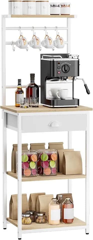 YMYNY Küchenregal, Bäckerregal, Kaffee Organizer, Kaffeebar, 5 Regalebenen, 8 Haken, Stoffschubladen, Stahlrahmen, 43 x 33 x 134.5 cm, für Küche, Wohnzimmer, Naturfarben HBR009R