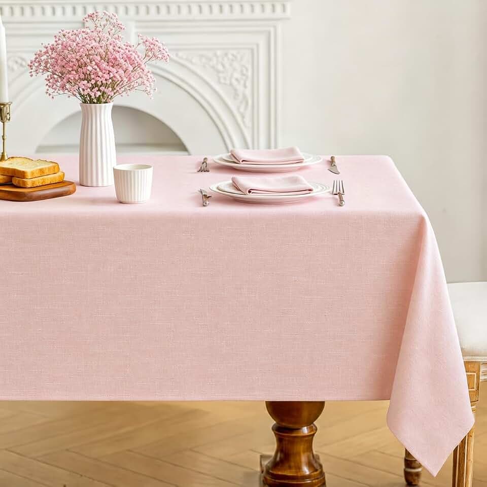Laolitou Spring Table Cloth (Fits 6 Foot Table) Rectangle Linen Waterproof Textured Light Pink Tablecloth, Washable Wrinkle Free Spill Proof Fabric Tablecloths for Dining Table Farmhouse, 60x84 Inch