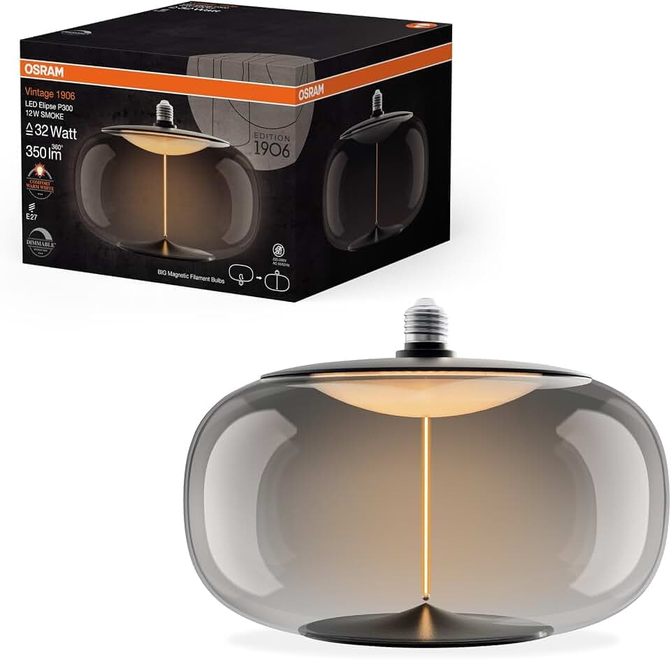 Osram Vintage 1906 Big Elipse ist eine dimmbare LED-Lampe aus Kunststoff mit Filament in Ellipsenform. Sie bietet 12 W für 350 lm, E27 Fassung, Smoke Design, 300 mm Durchmesser, CRI 80, 1800 K.