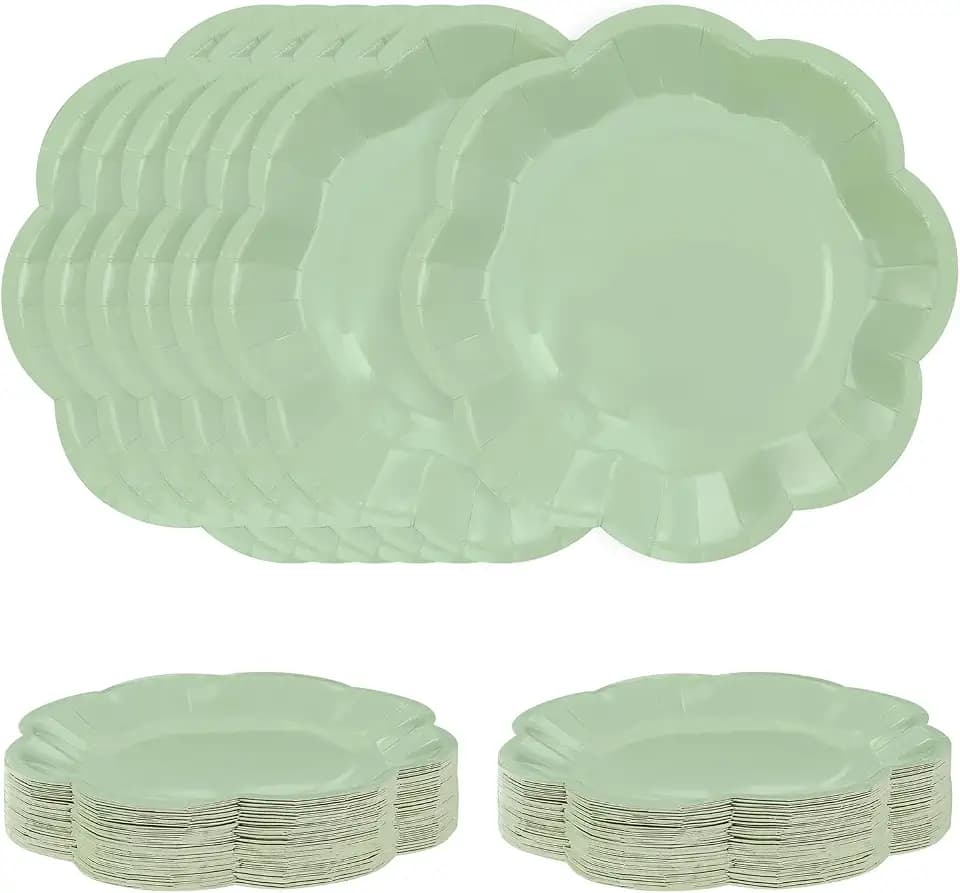 SietDESEO 50 PCS Sage Green Paper Plates 7 Inch Scalloped Dessert Plates Sage Disposable Plate for Party Dinner Wedding Baby Shower Birthday Green Cake Plate