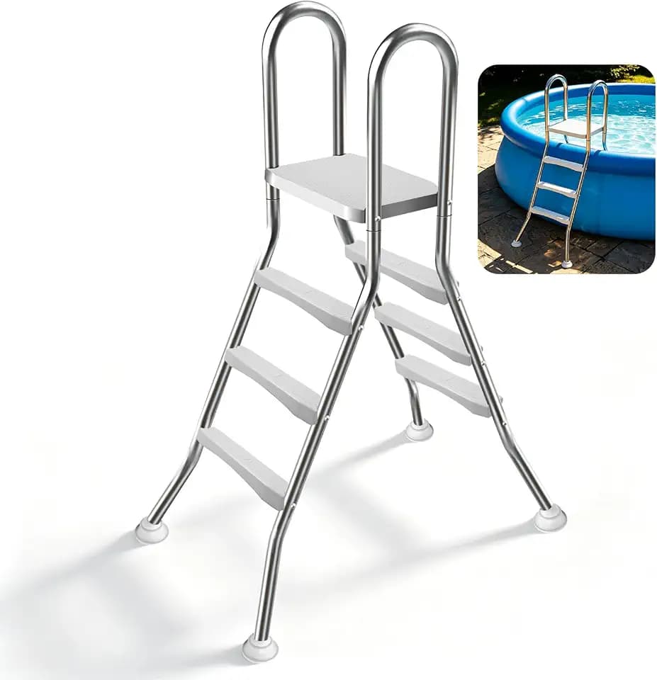 Above Ground Pool Ladder,42" Heavy Duty Luxury Pool Ladder with Platform,3-Steps Swimming Frame Pool Ladder,304 Stainless Steel,550lbs Load Capacity,Anti-Slip Feet &Wider Steps