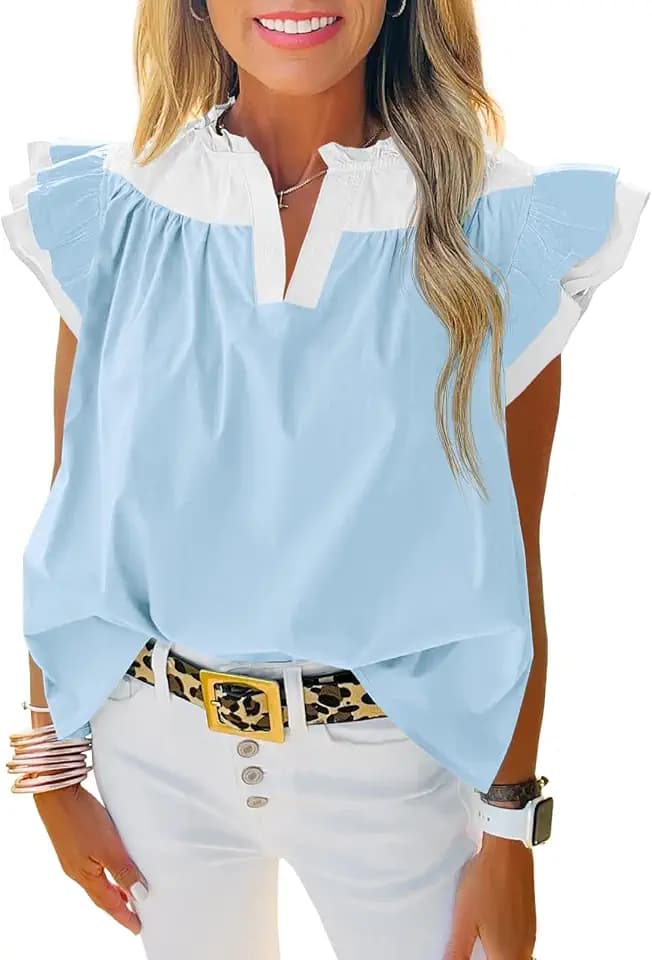 Tankaneo Womens Color Block Ruffle Top Summer Puff Sleeve V Neck Blouse