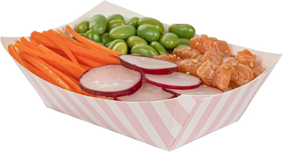 Restaurantware-Bio Tek 6 Ounce Boat Paper Boats, 50 Disposable #40 Food Trays - PE Lining, Durable, 4.88 x 4 x 1.5" Pink And White Striped Paper Food Baskets, For Concession Stands, Picnics,Stackable