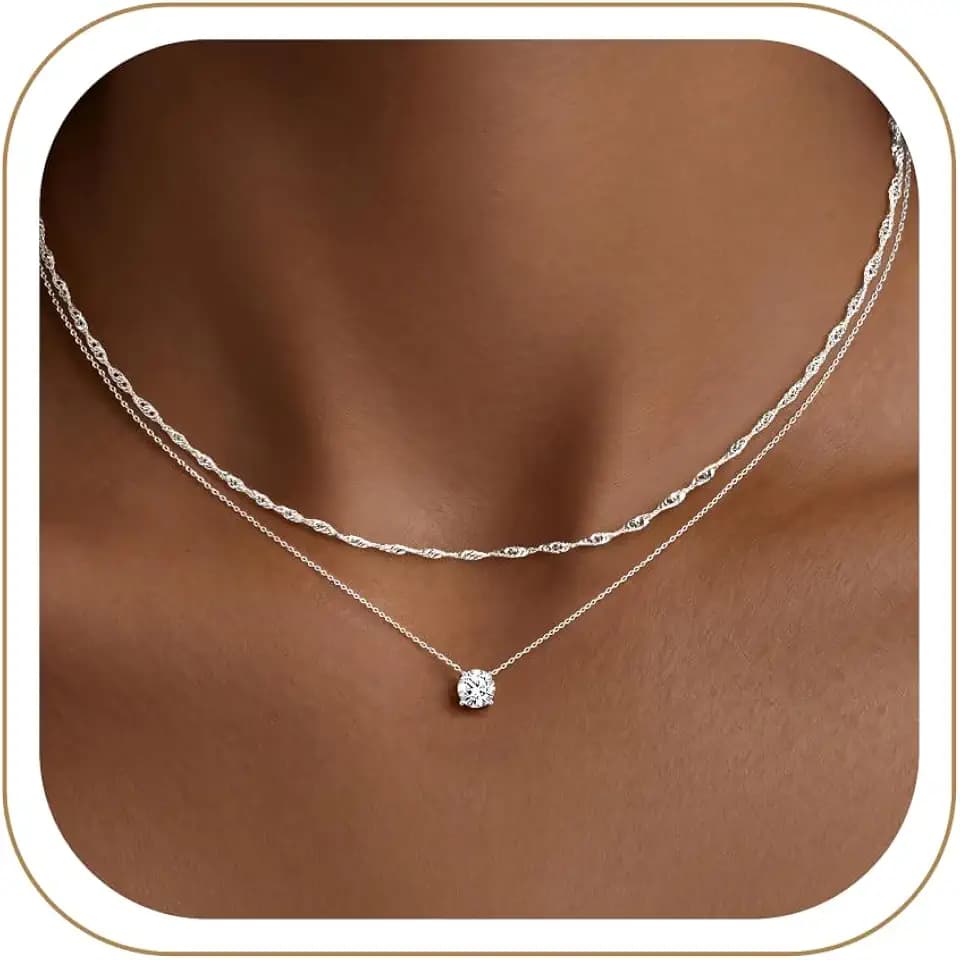 Poxtex Dainty Necklaces for Women Set, Layered 14K Gold Silver Plated Choker Chain Simple Pendant Necklace Stackable, Trendy Prom Jewelry Gifts for Women
