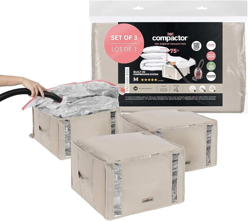 Compactor Vakuum-Aufbewahrungstaschen, Kompression mit Staubsauger, patentiertes Ventil, großes Fassungsvermögen, Wäscheschutz, 3 Stück, Größe M, 42 × 40 × 27 cm, Beige