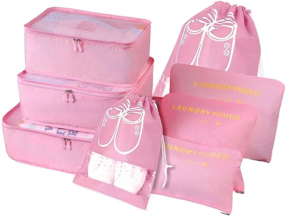 Vicloon Koffer Organizer, 8-in-1-Set Gepäck Organizer, Wasserdichte Reise Kleidertaschen umfassen 2 Schuhbeutel, 3 Packwürfel und 3 Aufbewahrungsbeutel, für Kleidung Schuhe Unterwäsche Kosmetik - Rosa