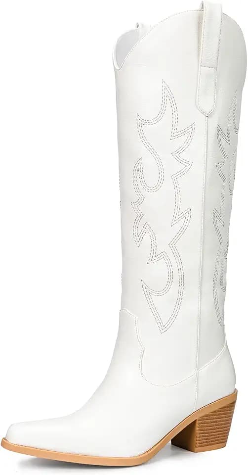 Pasuot Western Cowboy Boots for Women - Knee High Wide Calf Cowgirl Boots, Slip On Pointed Toe Chunky Heel Fashion Retro Classic Pull On Tall Boot for ladies Party concert