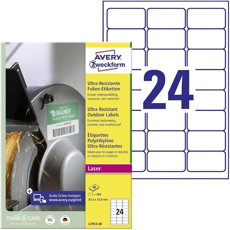 AVERY Zweckform L7912-40 Strapazierfähige Folienetiketten (960 Aufkleber, 63,5x33,9mm auf A4, extrem stark selbstklebend, für schwierige Oberflächen, bedruckbare Outdoor Klebefolie) 40 Blatt, weiß