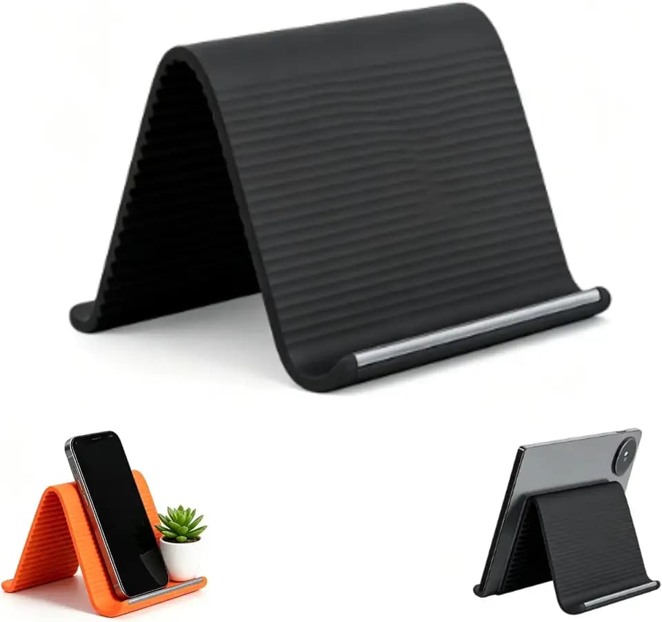 Silicone Phone Stand with Aluminum, Flexible Foldable Phone Holder, Bendable Adjustable Anti-Slip Desktop Stand for Phone Tablet Laptop, Portable Rollable Multi-Angle Stand for Home (Black)