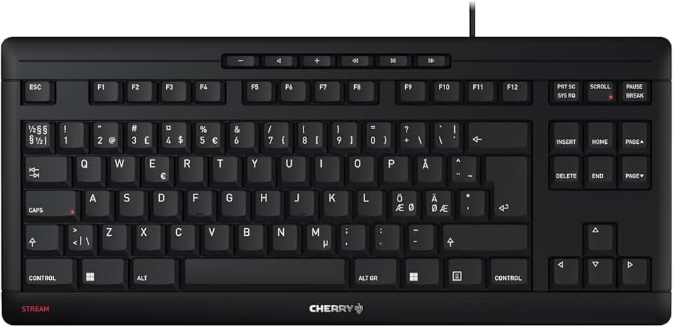 CHERRY Stream Keyboard TKL, Kabelgebundene Tastatur ohne Nummernblock, Pan-Nordisches Layout (QWERTY), Leiser Tastenanschlag, Einzigartiges Tippgefühl, Schwarz