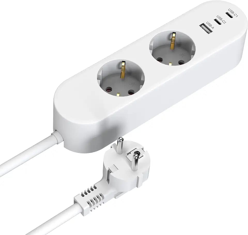 2-Fach Steckdosenleiste mit USB-A und 2 USB-C 20W PD, TÜV/GS-Zertifiziert